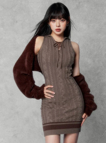 Pure Desire Girly Atmosphere Fur Knit Short Cardigan & Twist Knit Dress Two-piece Suit