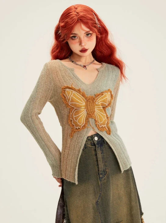 Retro Butterfly Patch Embroidery V-neck Slim Knit + Distressed Denim Long Skirt