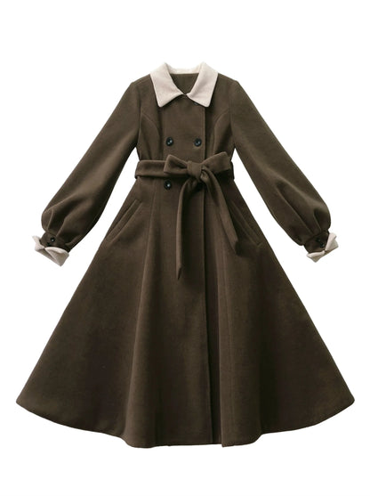 Retro Brown Plaid Volume Sleeveless Layered Dress + Pearl Ribbon Accessory + Classic Belt Coat [pre-order]