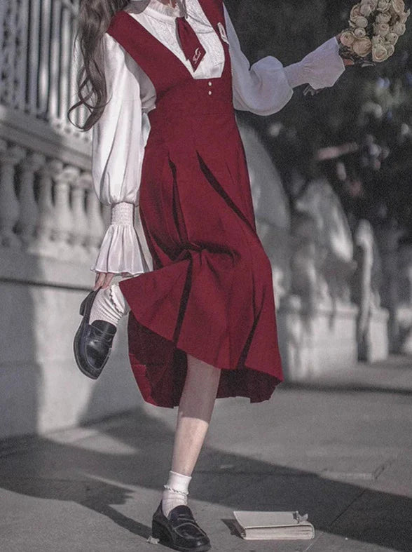 Retro College Lace Chiffon Shirt + Red Sundress + Red Necktie + Emblem Badge