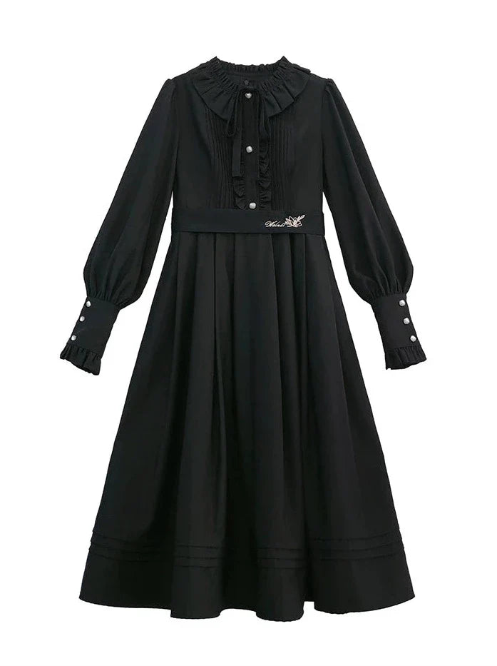 Retro Suit Red Short Jacket + Black Ruffle Lantern Sleeve Dress + Ribbon Tie