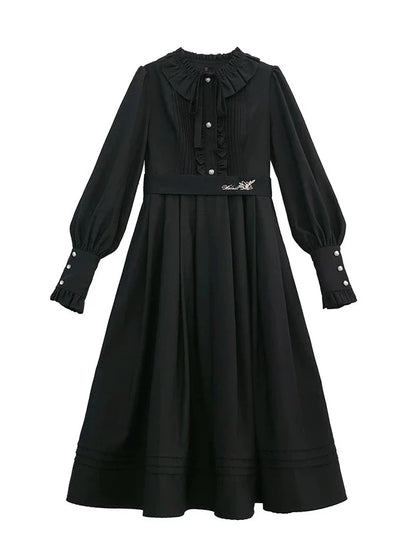 Retro Suit Red Short Jacket + Black Ruffle Lantern Sleeve Dress + Ribbon Tie