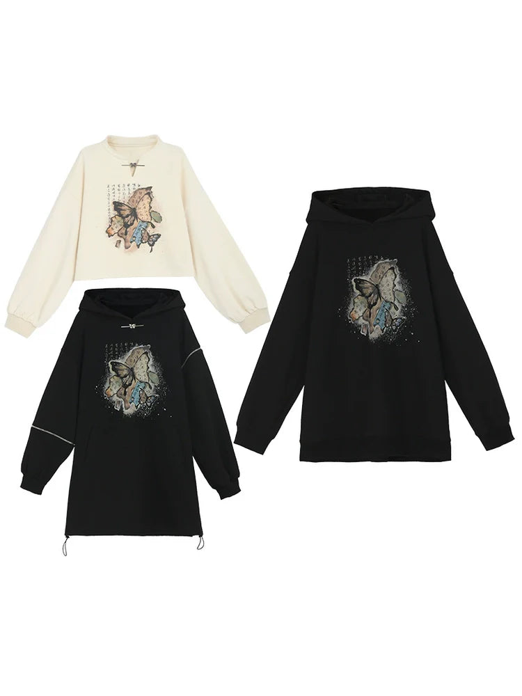 Chinese-style Butterfly Cropped Sweatshirt + Zip Design Hoodie Dress + Black Hoodie [pre-order]