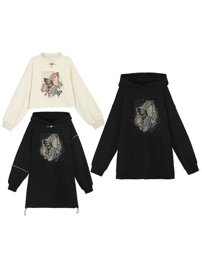 Chinese-style Butterfly Cropped Sweatshirt + Zip Design Hoodie Dress + Black Hoodie [pre-order]