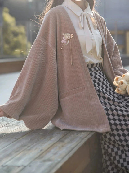 Sakura Note Showa Retro Haori Jacket + Chiffon Ribbon Shirt + Checkered Skirt + Dark Gray Skirt + Brooch