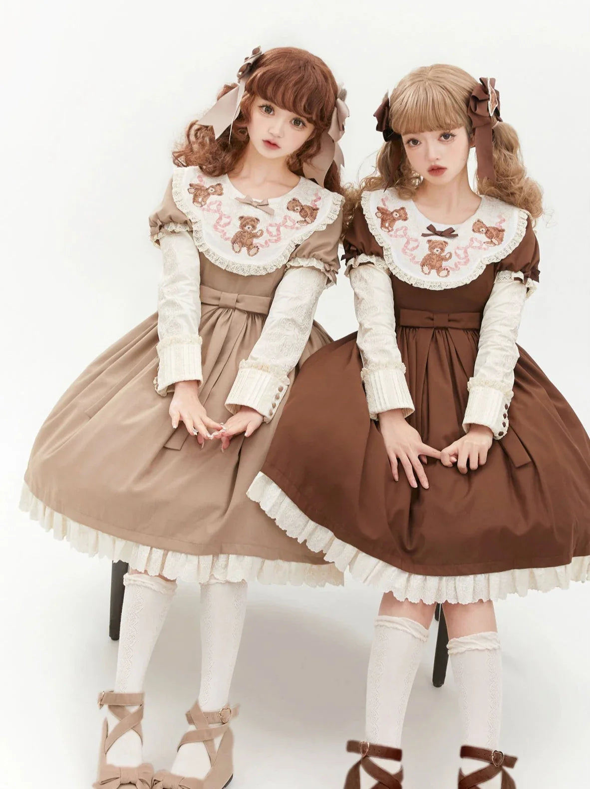 [pre-order] Lolita Teddy Bear Flap Lace Puff Sleeve Ribbon Dress