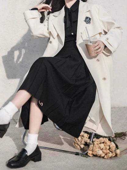 College Apricot Trench Coat + Metal Badge + Black Embroidery Ribbon Shirt + Pleated Skirt