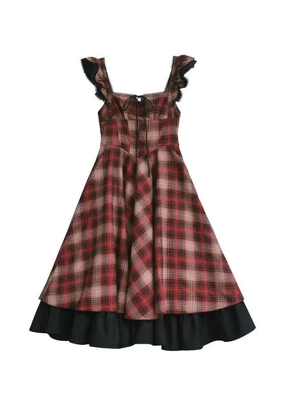 Retro Suit Black Ruffle Sleeve Shirt + Plaid Ruffle Shoulder Layered Dress + Ribbon Accessories [pre-order]