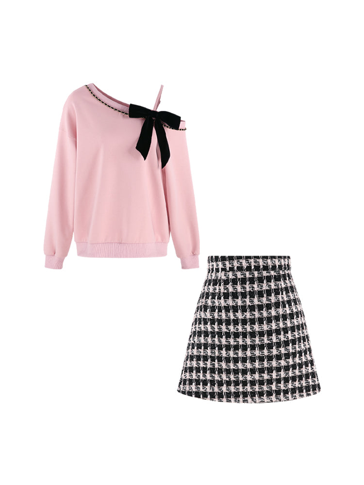 Pink Slant Shoulder Loose Sweatshirt Set