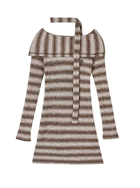 2-way Knit Striped Mode Slim Dress + Knit Scarf
