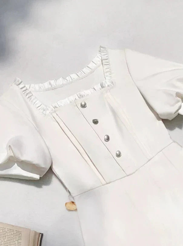 French Retro Apricot Square Collar Dress + Pearl Satin Belt [pre-order]