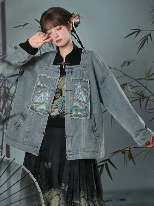 Chinese-style Detachable Collar Denim Jacket Suit
