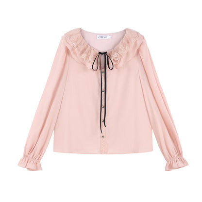 Pink Ruffle Loose Lace Shirt Set