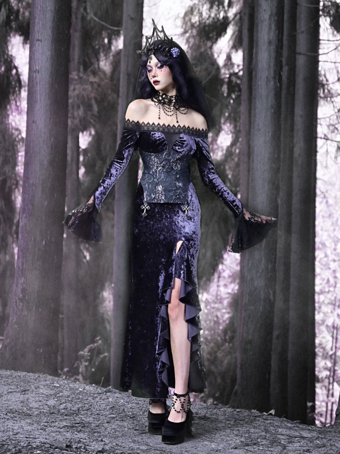 Luna Gothic Velvet One-shoulder Slim Mermaid Slit Dress