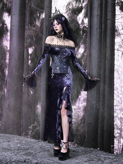 Luna Gothic Velvet One-shoulder Slim Mermaid Slit Dress