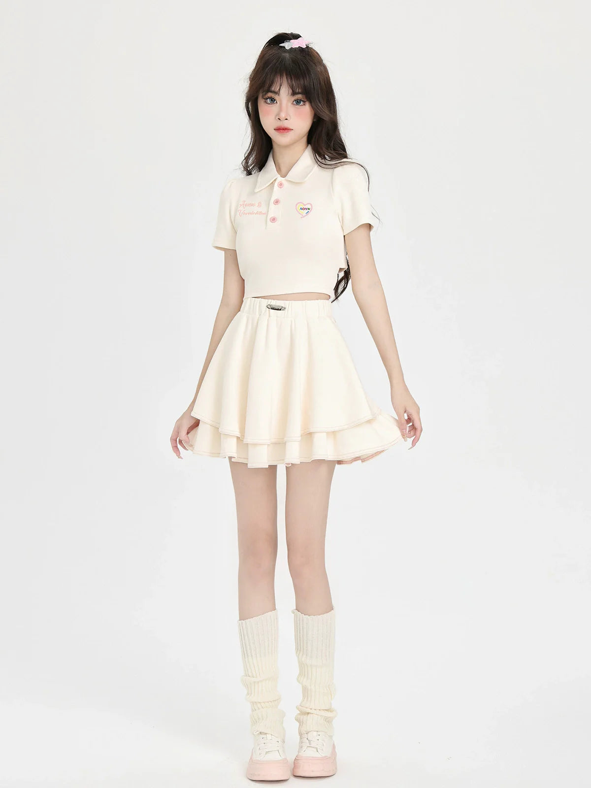 Back Ribbon Short Polo Collar Shirt + Ballet Style Skirt