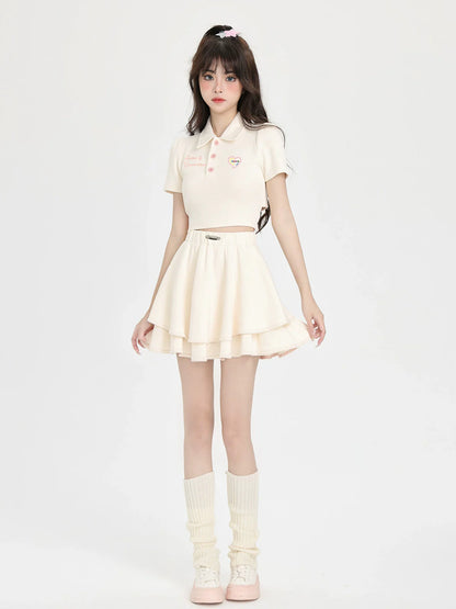 Back Ribbon Short Polo Collar Shirt + Ballet Style Skirt