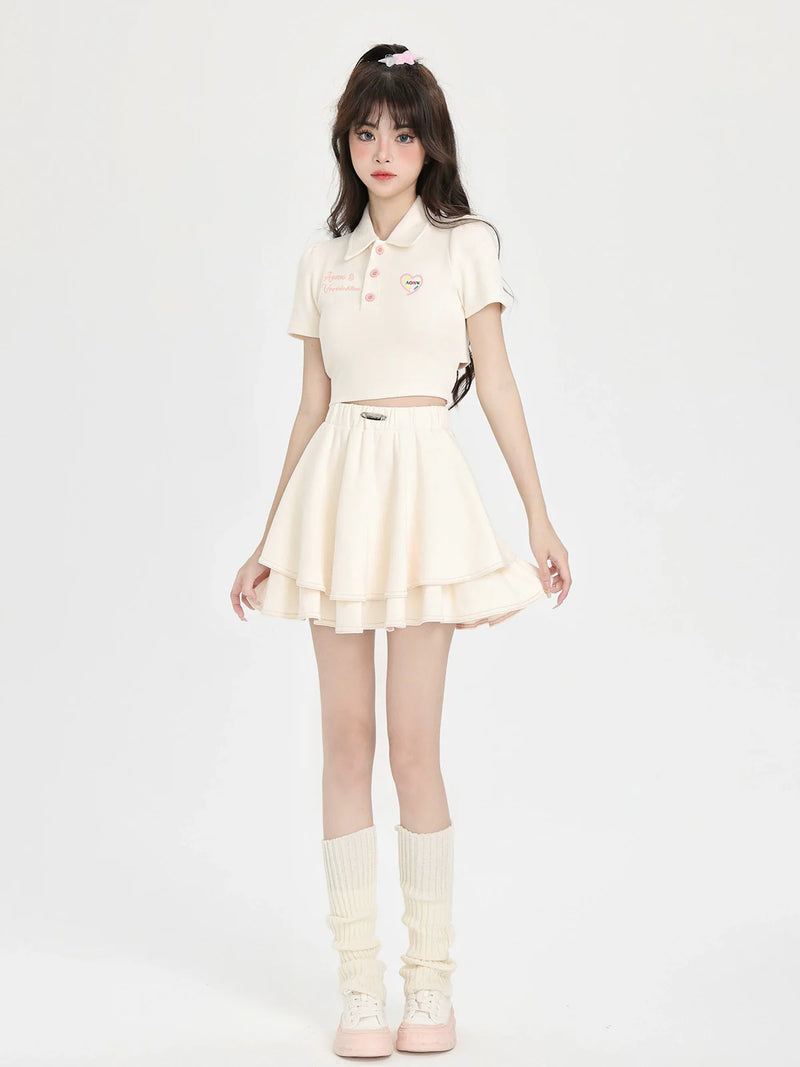 Back Ribbon Short Polo Collar Shirt + Ballet Style Skirt
