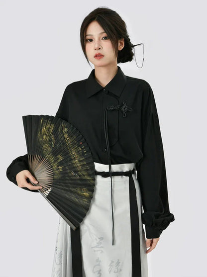 Chinese-style Retro Black Shirt + Gray Print Long Skirt