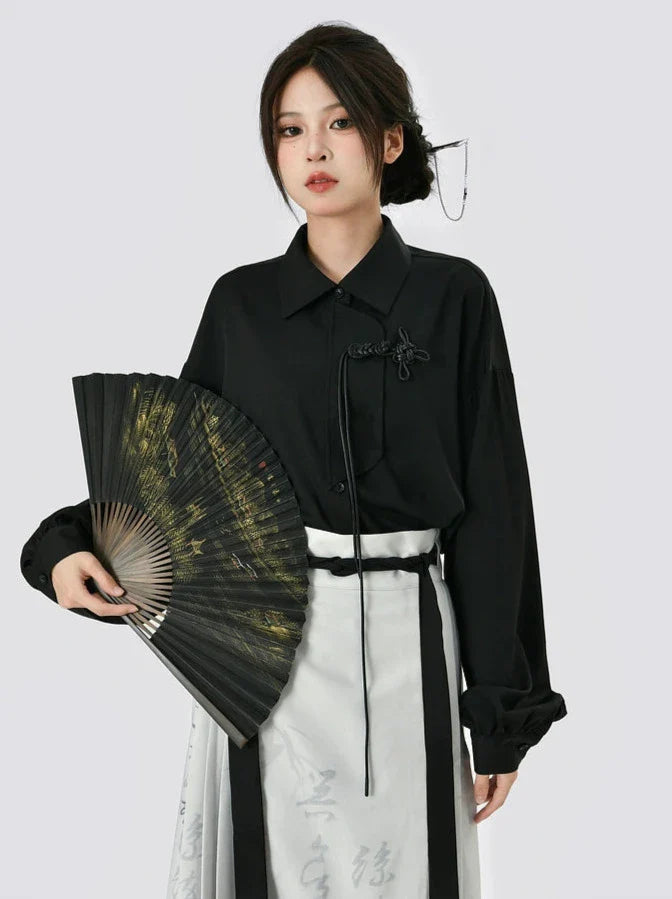 Chinese-style Retro Black Shirt + Gray Print Long Skirt