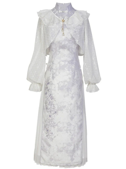 Light Purple Flower Chinese-style Dress + Ruffle Sheer Cardigan