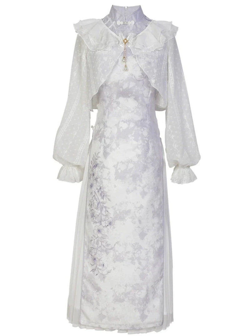 Light Purple Flower Chinese-style Dress + Ruffle Sheer Cardigan