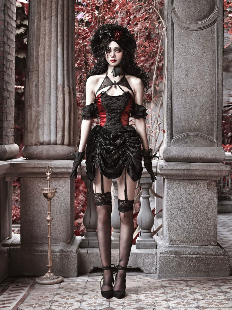 Gothic Velvet Spider Halter Neck Drawstring Bustier Dress