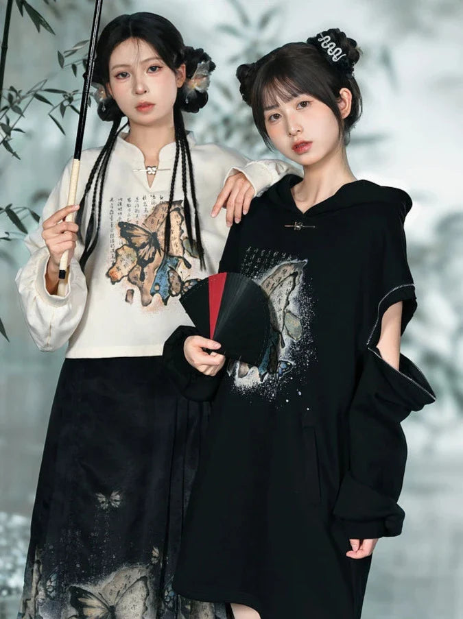 Chinese-style Butterfly Cropped Sweatshirt + Zip Design Hoodie Dress + Black Hoodie [pre-order]