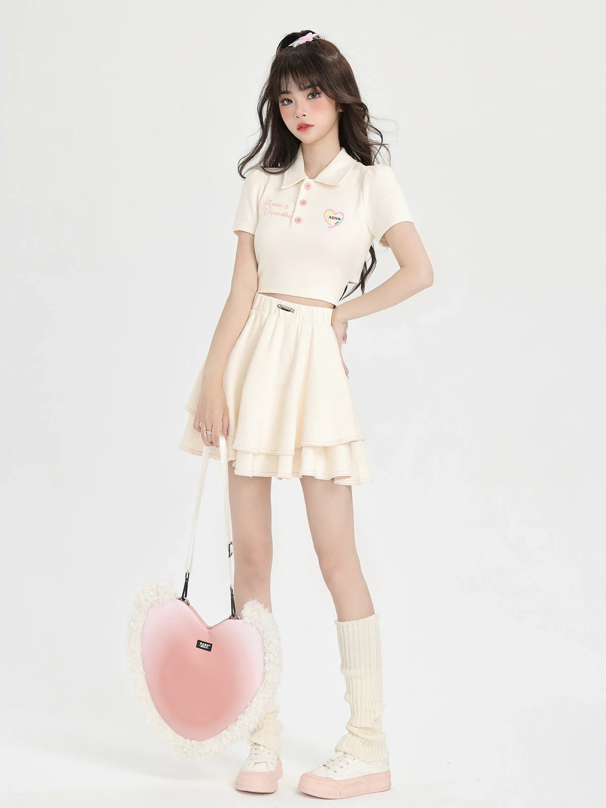 Back Ribbon Short Polo Collar Shirt + Ballet Style Skirt