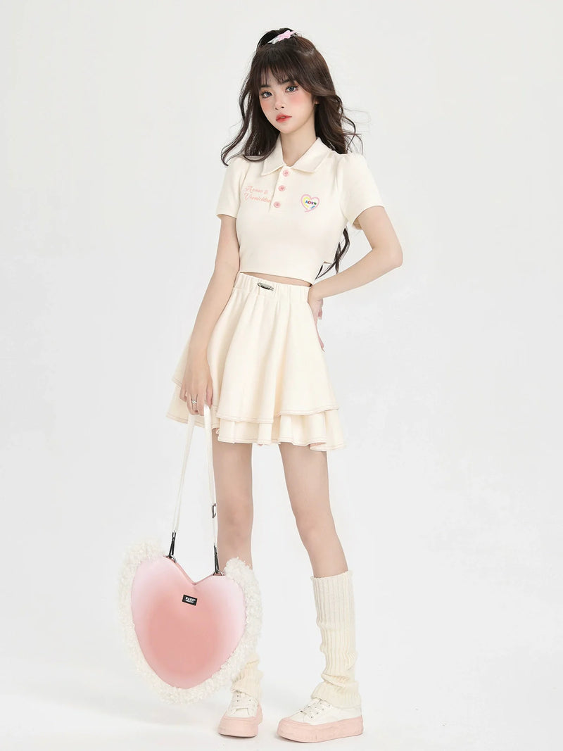 Back Ribbon Short Polo Collar Shirt + Ballet Style Skirt