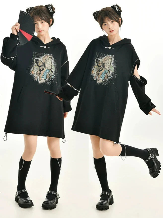 Chinese-style Butterfly Cropped Sweatshirt + Zip Design Hoodie Dress + Black Hoodie [pre-order]