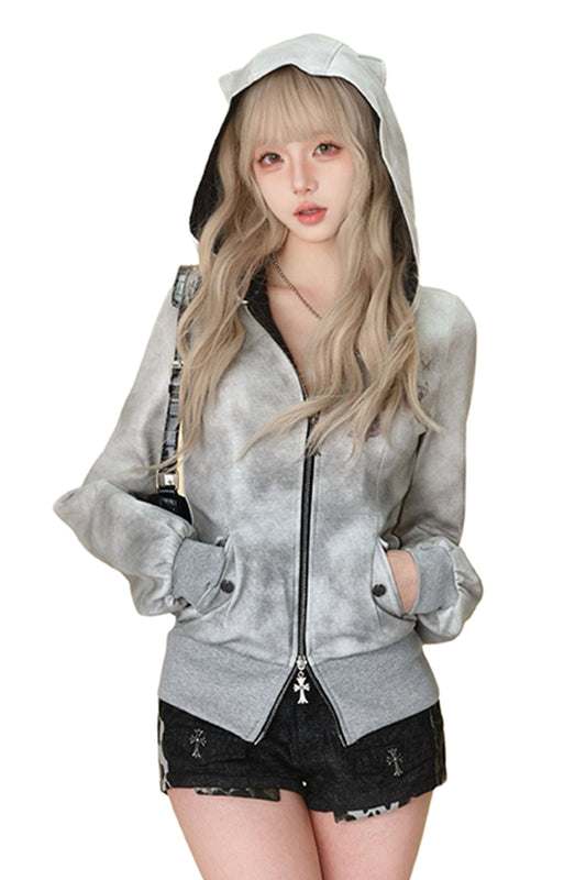 Leopard Print Shorts Grey Hoodie Set