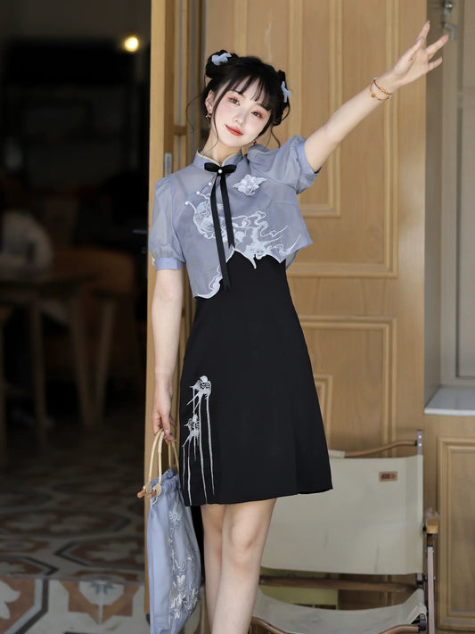 Sheer Short Chinese-style Shirt + Suspender Dress [short / Long] + Bag