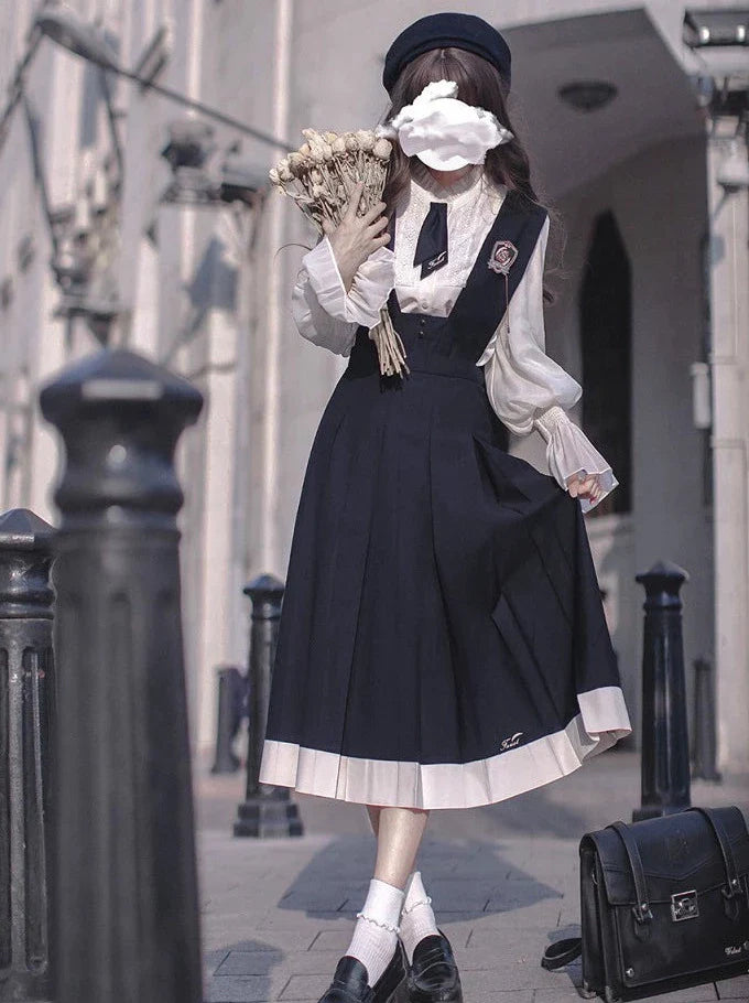 College Style Retro Ruffle Chiffon Blouse + Cyan Dress + Beret + Emblem + Necktie
