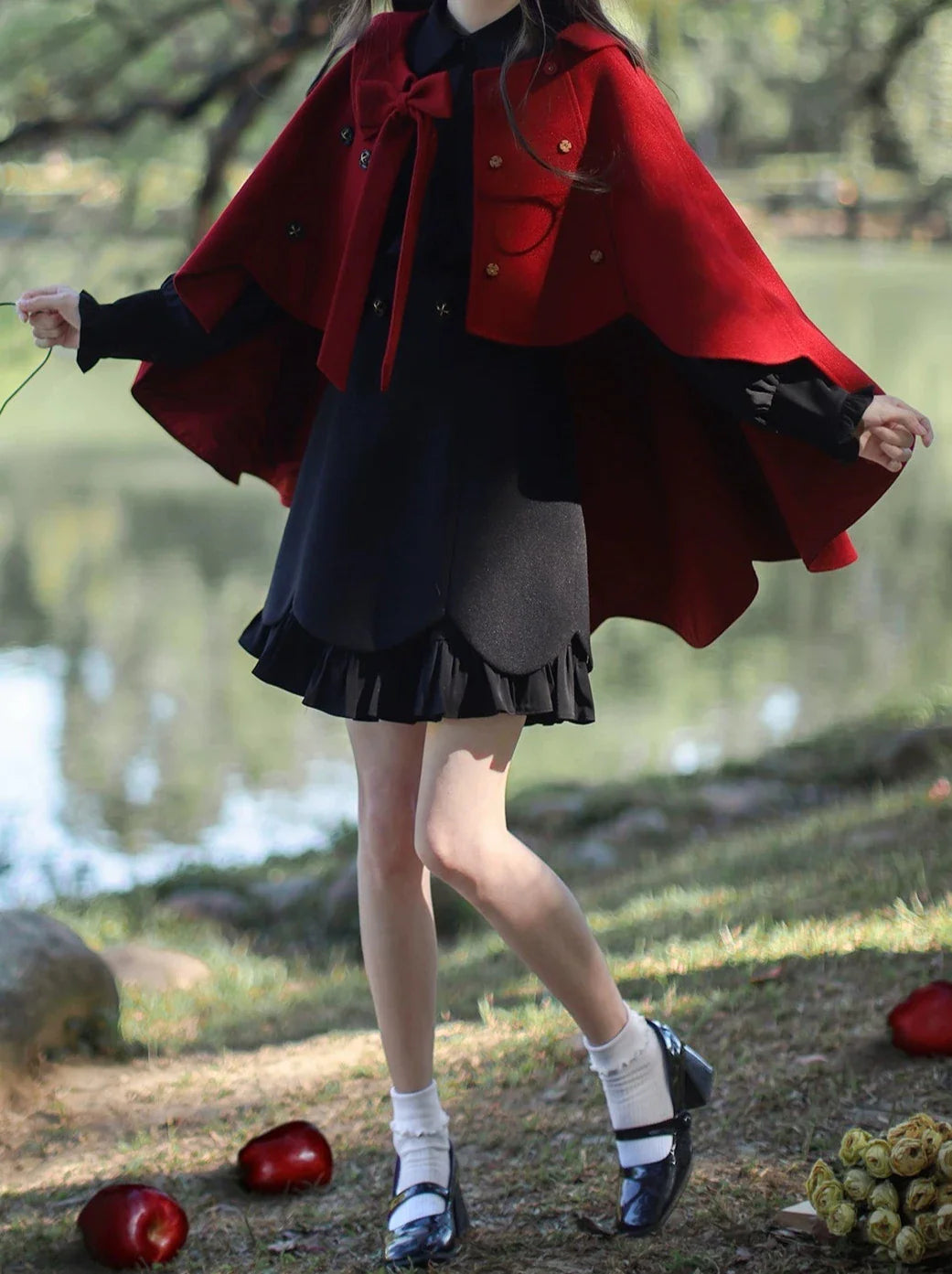 Retro Red Cape Coat + Black Ruffle Fake Two-piece Dress