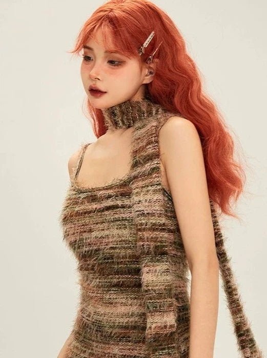 Contrast Color Striped Suspender Knit Dress