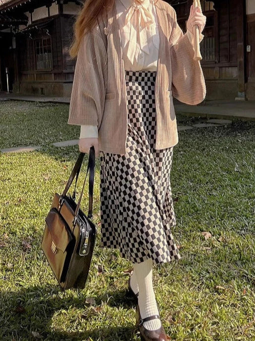 Sakura Note Showa Retro Haori Jacket + Chiffon Ribbon Shirt + Checkered Skirt + Dark Gray Skirt + Brooch