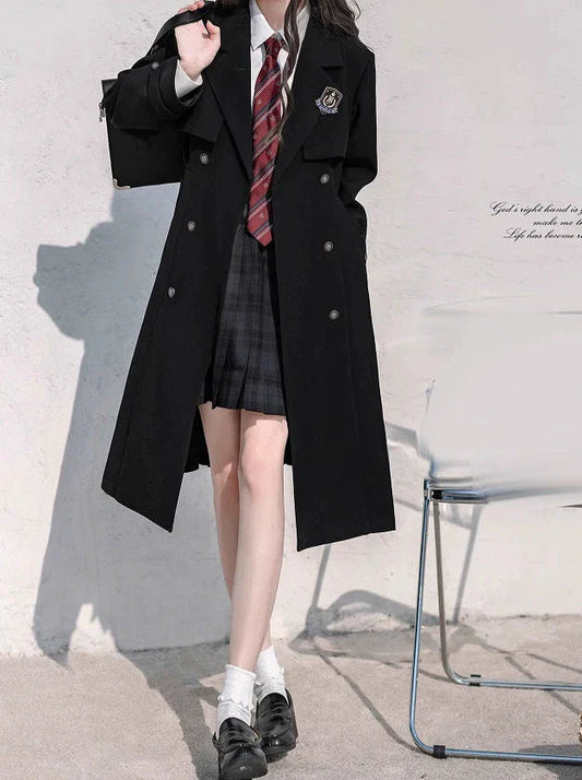College Black Trench Coat + Metal Badge + Embroidery Ribbon Shirt + Pleated Skirt