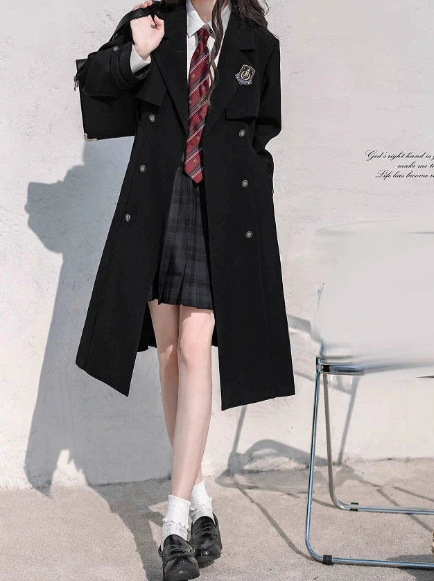 College Black Trench Coat + Metal Badge + Embroidery Ribbon Shirt + Pleated Skirt