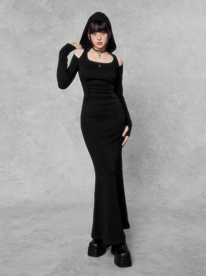 Dark Square Halter Neck Off-shoulder Hooded Dress