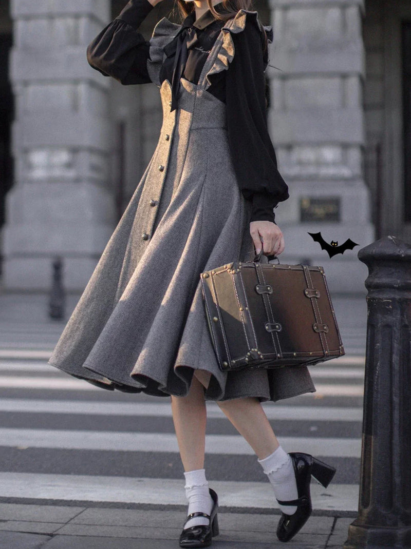 Retro Black Ribbon Volume Sleeve Shirt + Ruffle Shoulder Suspender Skirt