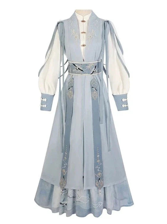 [pre-order] Light Blue Chinese-style Skirt + Tassel Long Vest + Chinese-style Blouse + Chinese-style Design Belt