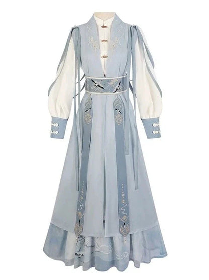 [pre-order] Light Blue Chinese-style Skirt + Tassel Long Vest + Chinese-style Blouse + Chinese-style Design Belt