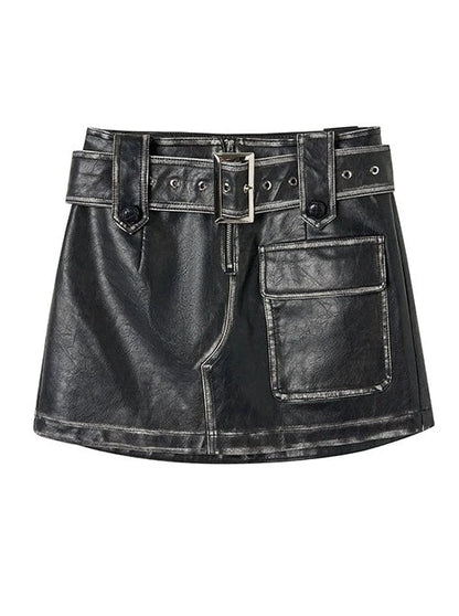 Washed Leather Over Jacket + Short Skirt