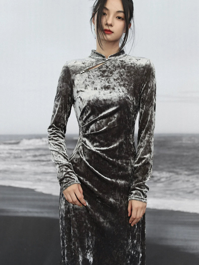 Chinese-style Gold Diamond Velvet Dress