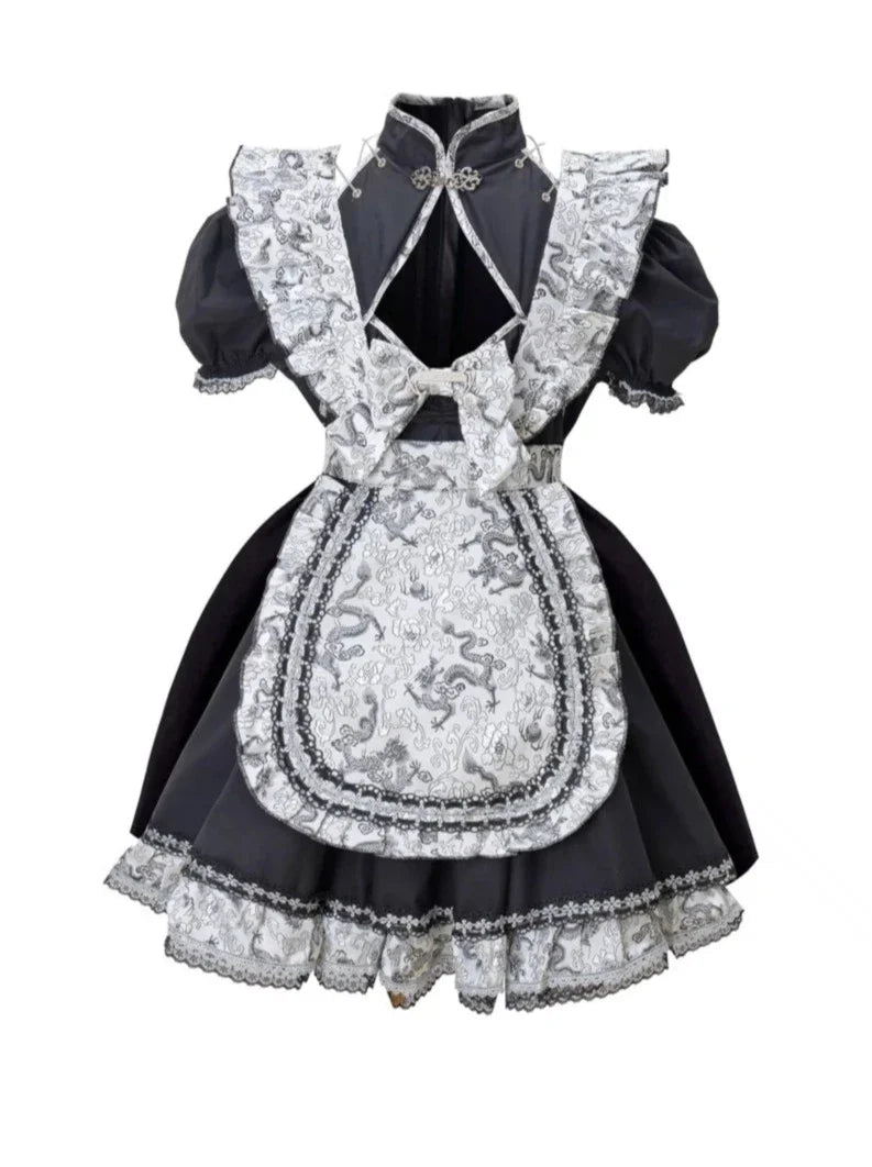 Silver Dragon Maid Gothic Dress + Apron + Arm Cover
