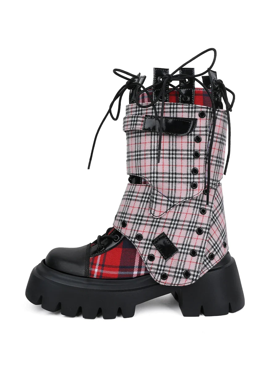 Rock Plaid Studded Short Boots
