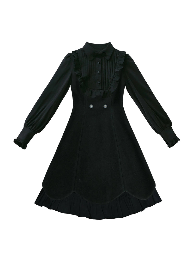 Retro Red Cape Coat + Black Ruffle Fake Two-piece Dress