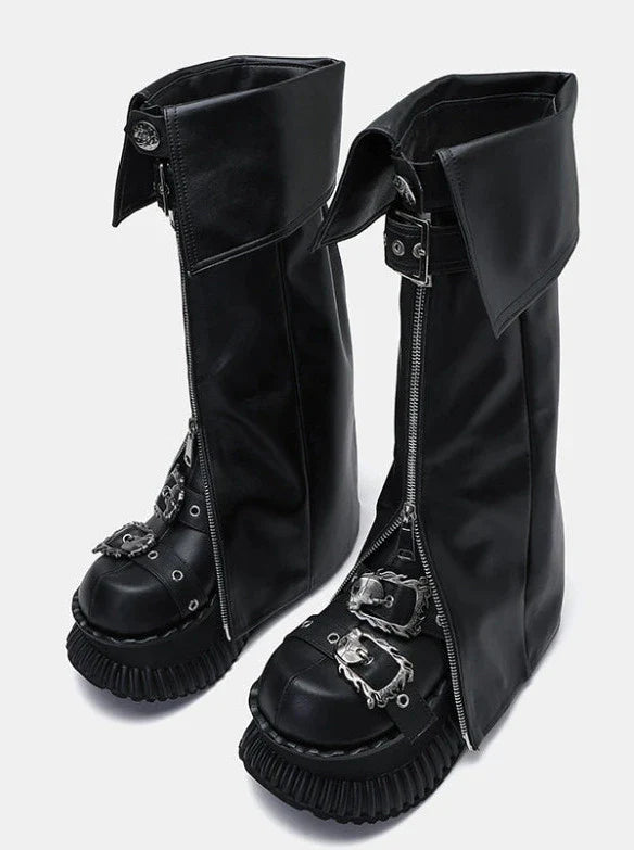 Punk Platform Muffin Shoes + Flap Leather Zip Leg Cover Set