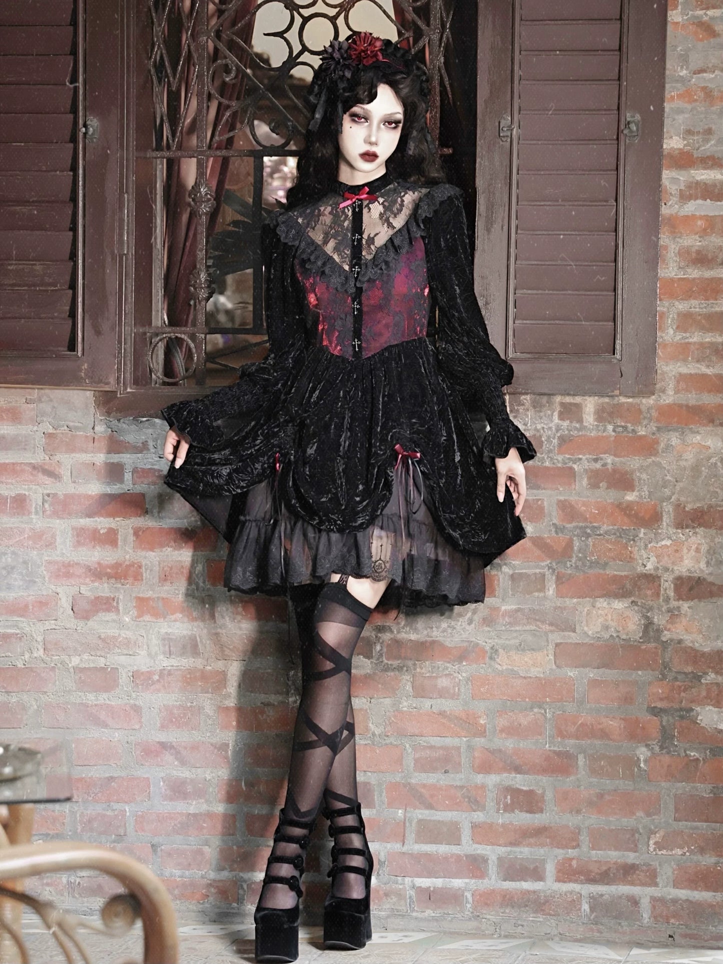 Rose Cemetery Gothic Dark Red Velvet Puff Sleeve Lace Dress
